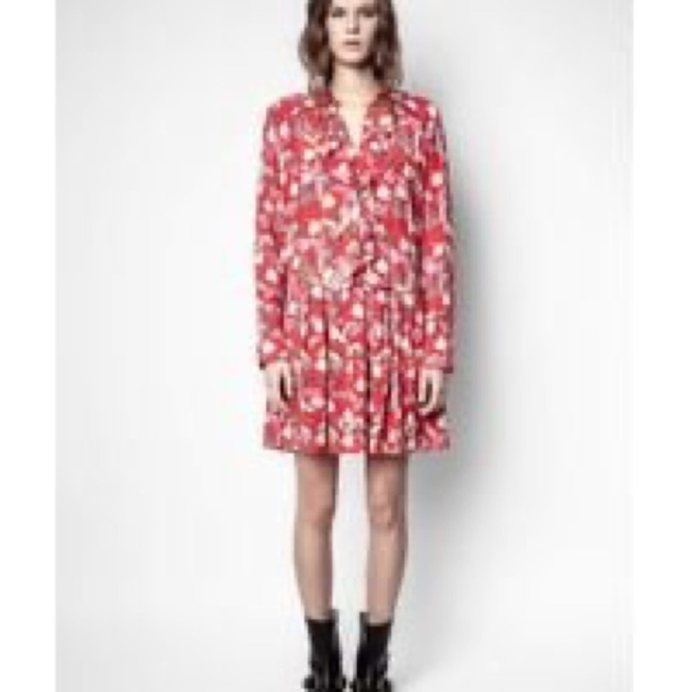 Zadig & Voltaire red paisley mini dress - button down front with pleated bottom